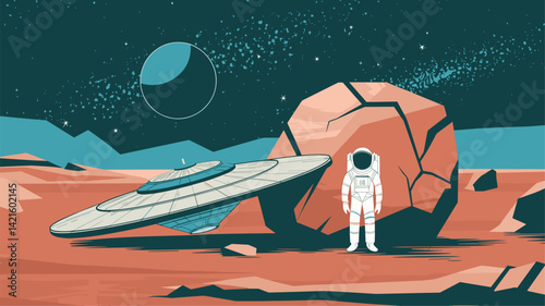Explore a captivating futuristic landscape featuring an astronaut, a UFO, and a large rock on a Martian terrain under the stars. Ideal for science fiction and space exploration themes.