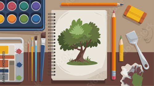 A vibrant workspace featuring various art supplies including paints, brushes, pencils, and sketches. The focal point is an illustrated tree displayed on an open sketchbook, representing crea...