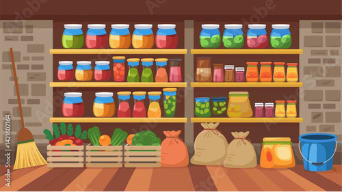 A warm, inviting basement featuring shelves filled with jars of preserved fruits and vegetables, alongside wooden crates of fresh produce and sacks of grains. Ideal for home cooking themes.