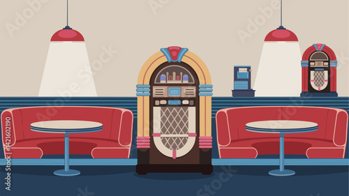 A stylized retro diner interior featuring colorful jukeboxes and cozy red seating. Ideal for vintage-themed projects or nostalgic designs.
