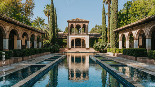 A picturesque view of a serene garden with reflecting pools, showcasing the elegant architecture and lush greenery, creating a tranquil and inviting atmosphere.
