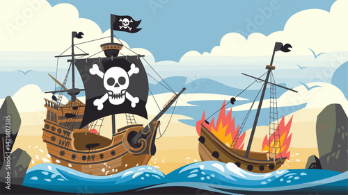 A vibrant and playful illustration featuring two pirate ships, one decorated with a skull flag and the other engulfed in flames, set against a dramatic seascape.