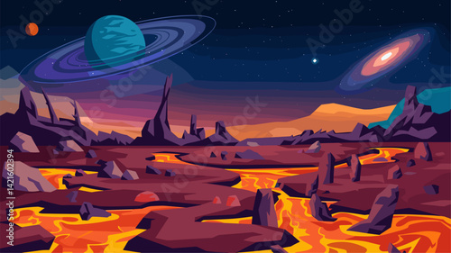 A stunning vector illustration depicting an alien landscape filled with flowing lava, towering rock formations, and vibrant planets in the sky. Ideal for sci-fi themes.