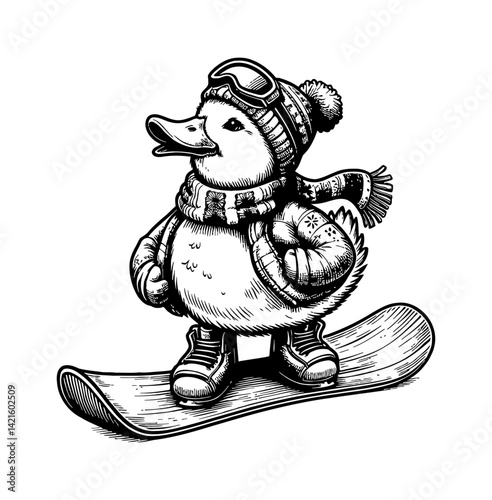 Duck Teal Goose Swan on Snowboard Wearing Winter Gear Having Fun Holiday Winter Illustration