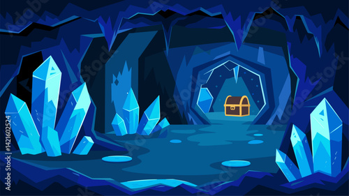A stunning vector illustration of a fantasy cave environment featuring glittering crystals and a hidden treasure chest. Perfect for adventure-themed projects.