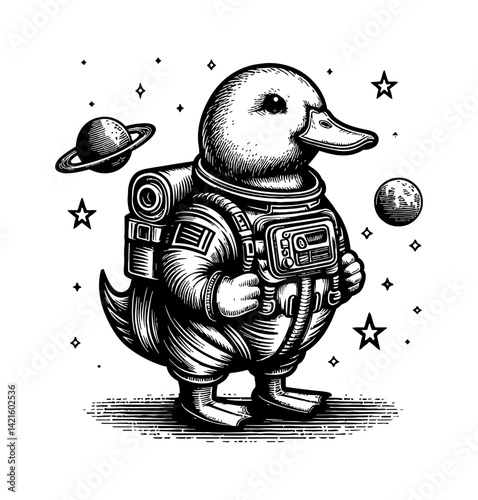 Duck Teal Goose Swan wearing spacesuit flying in outer space with futuristic galaxy view