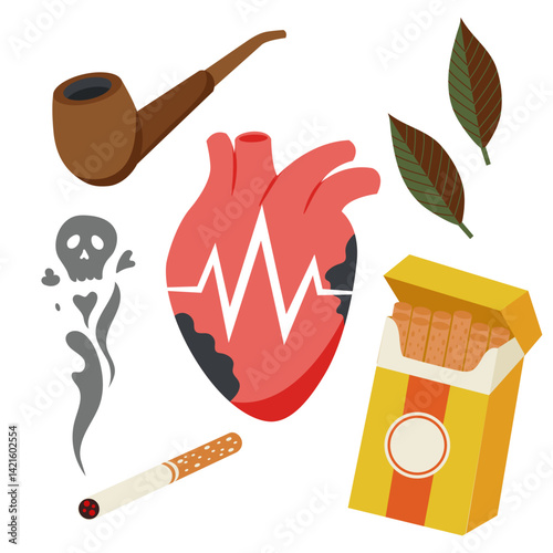 Heart of a smoker person. Dangers of smoking. Visual concept design. A pack of cigarettes, a smoking pipe and tobacco leaves.
