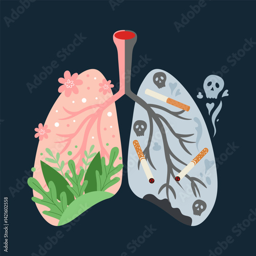 Lungs of a smoker and a healthy person. Dangers of smoking. Visual concept design.