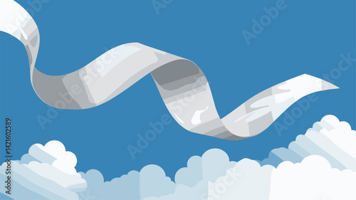 A whimsical illustration of a flowing ribbon against a vibrant blue sky, intertwined with fluffy white clouds. Ideal for creative projects and designs.