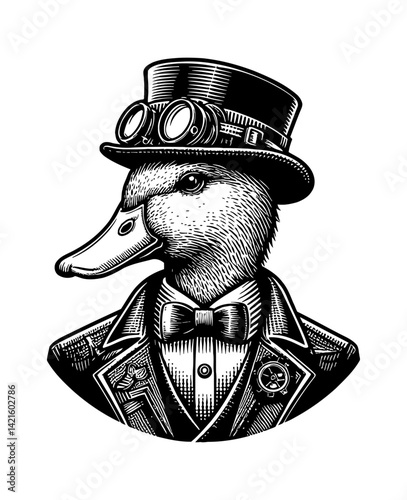Steampunk birds in vintage costume with gear duck teal goose swan fashion retro