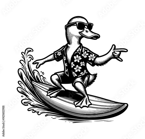 Duck Teal Goose Swan Wearing Beachwear surfing on a wave in summer ocean