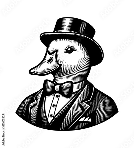 Cartoon Duck Teal Goose Swan wearing a tuxedo in formal suit fashion elegance