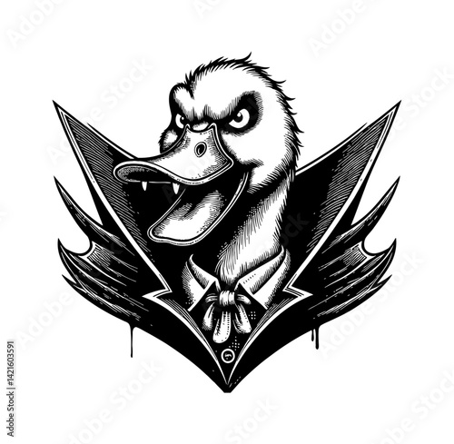 Duck Teal Goose Swan wearing vampire costume at Halloween spooky gothic party.