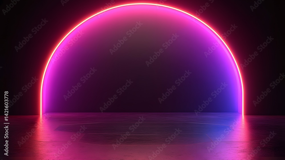 Neon archway, illuminated by vibrant pink and purple light. Neon archway, illuminated by vibrant pink and purple light.