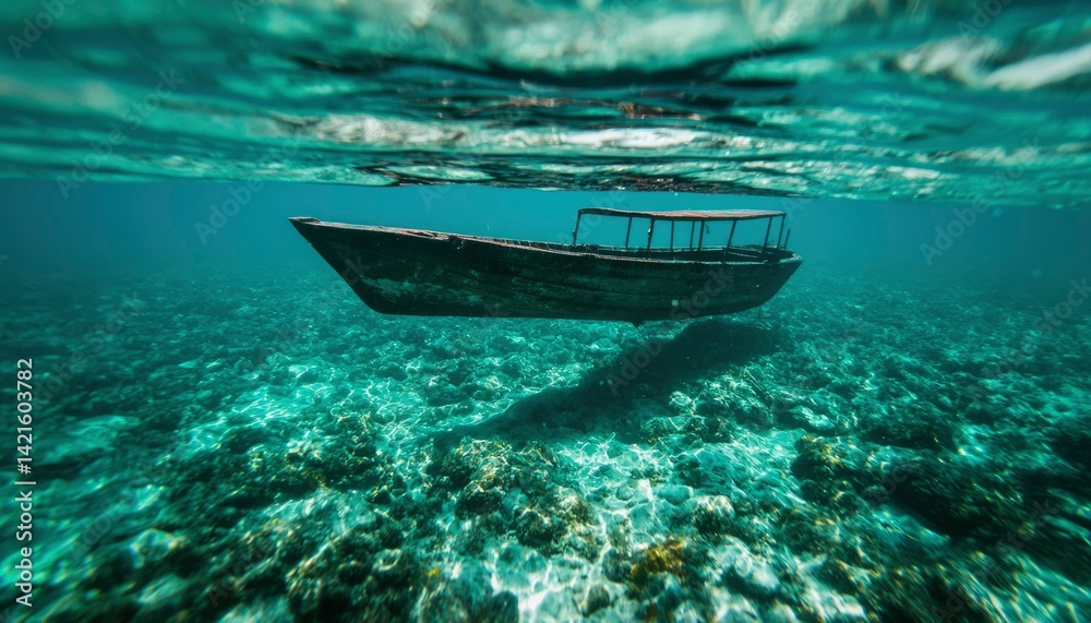 Fototapeta premium Wooden boat underwater reef