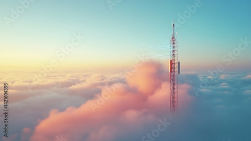 Telecommunication tower piercing the clouds, transmitting wireless signals and connecting the world with unseen waves