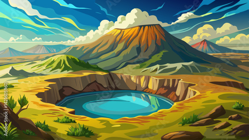 A panoramic view reveals a glassy crater lake in the heart of a dormant volcano