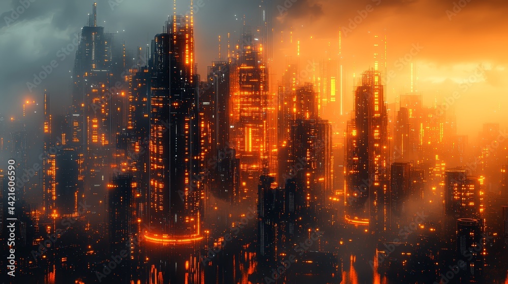 Fototapeta premium Futuristic cityscape glowing with orange lights in a dystopian atmosphere
