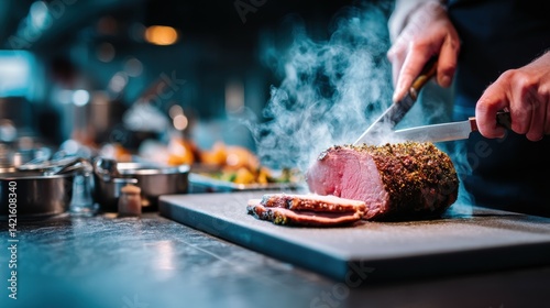 A juicy slice of roast beef being carved with a knife on a cutting station