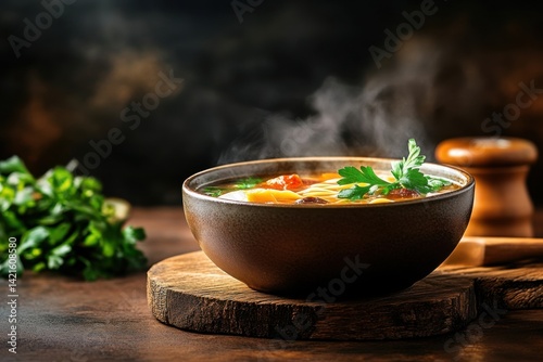 Macro photo of noodle soup in ceramic bowl, rustic setting with focus on broth and toppings