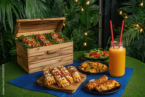 Obraz na płótnie Food display featuring various appetizers and drinks w salonie