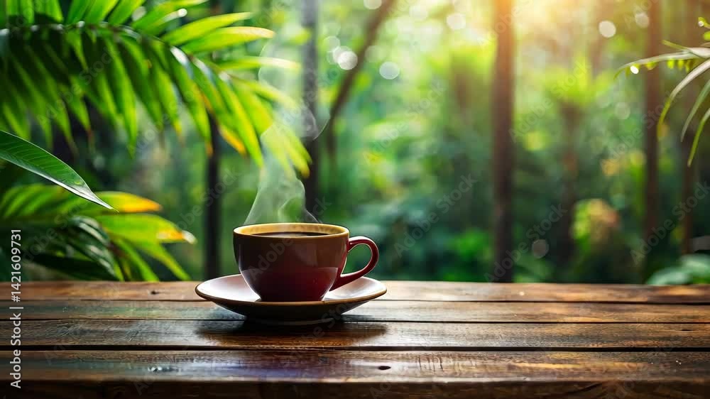 Steaming cup of coffee sits on wooden table with tropical plants and sun in the background.