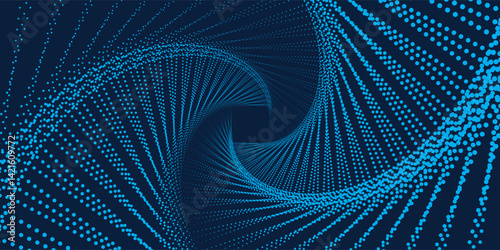 Flowing dot particles wave curve pattern blue and green gradient light isolated on black background in concept of AI technology, science, music.
