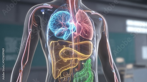 Human body anatomy illustration showcasing internal organs and systems
