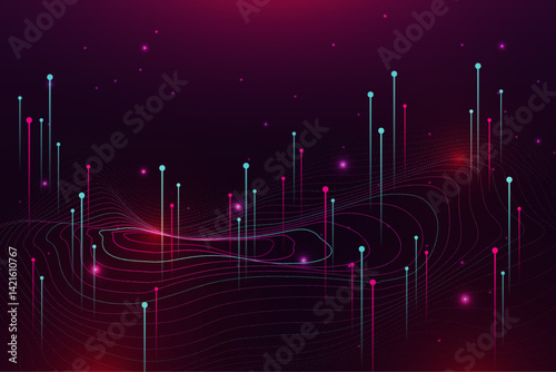 Creative abstract big data concept background featuring flowing data streams, digital waveforms, futuristic analytics visuals, binary code grids, network connections, glowing data points, and high-tec