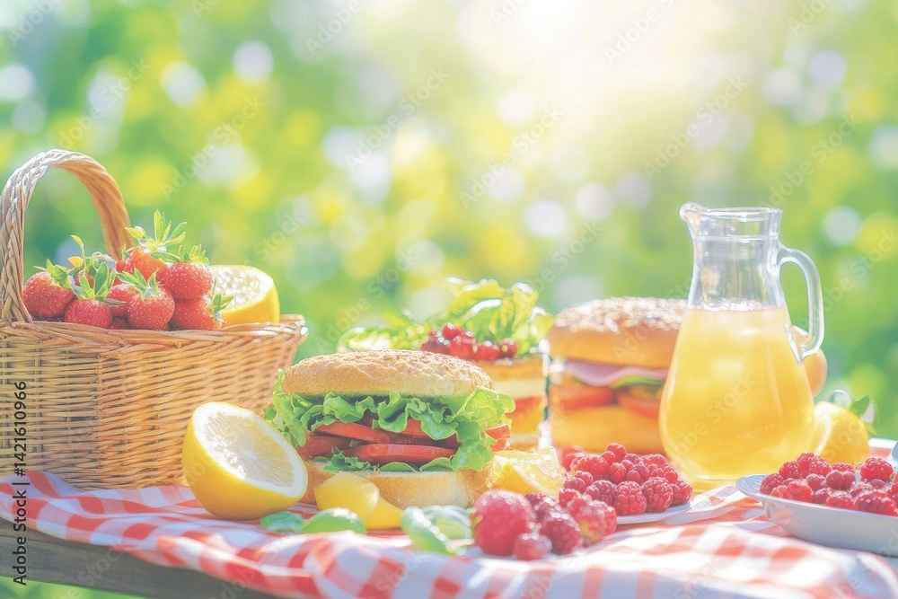 Picnic basket with sandwiches, lemonade, and fruit