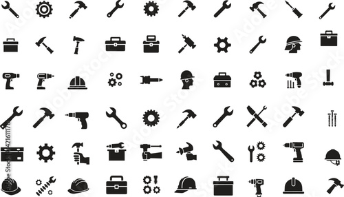 Silhouette Repair Icons Set. Fix, Maintenance, Tools, Logo, Service, Set, Restore, Mechanics, Icon. Vector Illustration