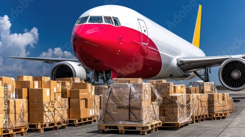 Cargo plane loading pallets of goods at the airport