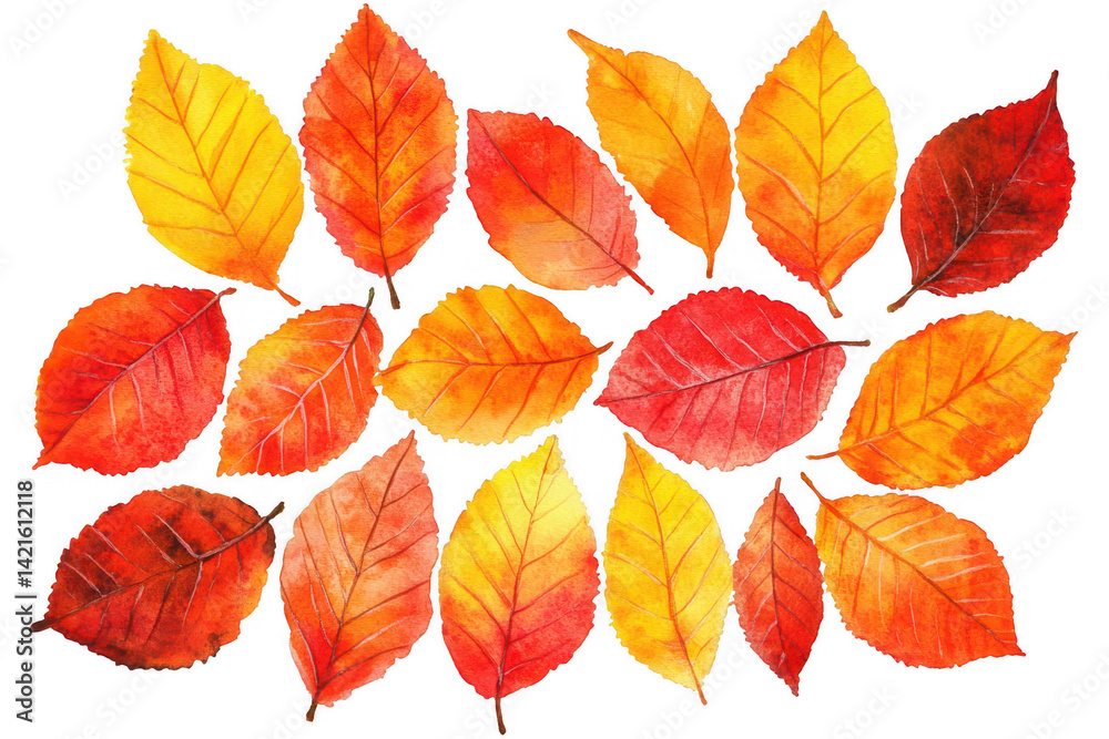 Obraz premium Watercolor leaves with vibrant autumn colors on a stark black background