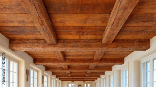 Rustic wooden beams in a spacious corridor
