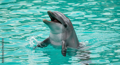 Dolphin Emerging from Water with Open Mouth Showing Teeth photo