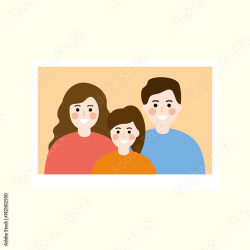 Happy family photo. Father, mother and daughter portrait. Memories, relationship, bonding, childhood concepts. Flat people character vector design isolated illustration.
