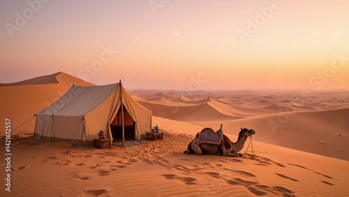 The image shows a camel sitting in the middle of a desert at sunset