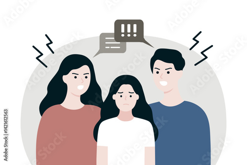 Angry couple having conflict. Arguing mother and father with depressed daughter. Parenthood, divorce, family issue, relationship, childcare concept. Flat people character vector design illustration.