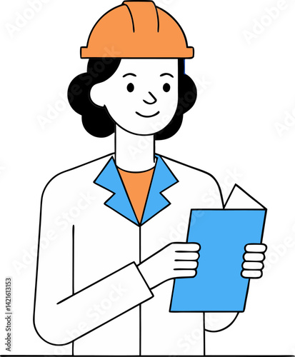 Young Woman Engineer with Clipboard and Helmet, Vector Illustration