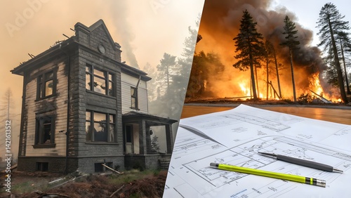 Aftermath and Future: A scene of a house in ruins after a fire and blueprints, symbolizing loss and hope