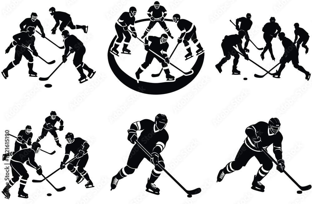 Fototapeta premium Silhouettes of hockey players in winter sport action on ice, a vector illustration of the game