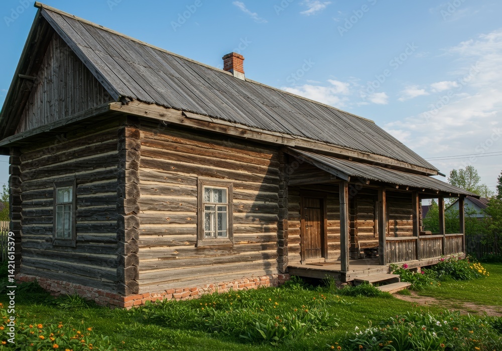 Charming Rustic Log Cabin nestled in a Serene Rural Setting beneath clear blue sky