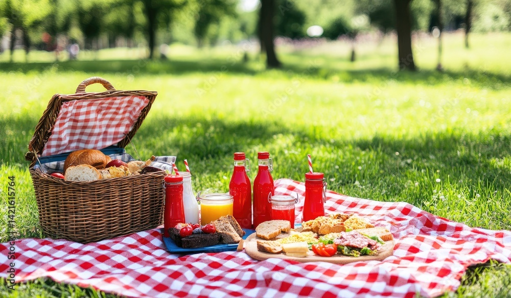Picnic basket with food on checkered blanket in park (1)