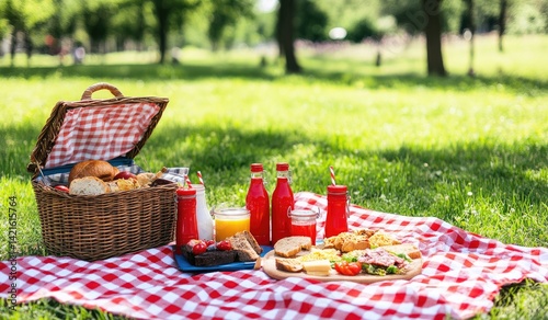 Obraz na płótnie Picnic basket with food on checkered blanket in park (1) w salonie