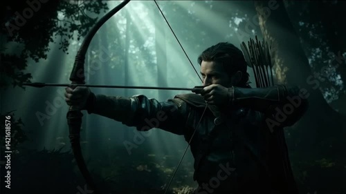 A man is holding a bow and arrow in the forest. Smooth repeating motion for background video animation