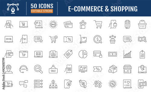 E-commerce and Shopping line editable icon set. Containing mobile shop, shopping cart, testimonials, shipping and delivery, fashion and more. Vector Illustration