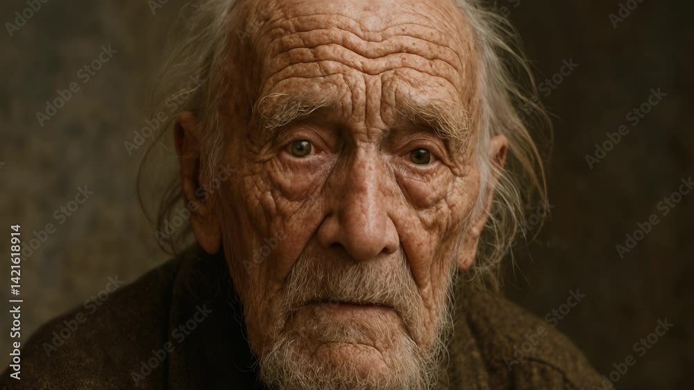 An elderly man sits thoughtfully, his deeply lined face telling a story of countless life experiences. The warm lighting highlights his weathered skin, reflecting years of wisdom and resilience. He An elderly man sits thoughtfully, his deeply lined face telling a story of countless life experiences. The warm lighting highlights his weathered skin, reflecting years of wisdom and resilience. He