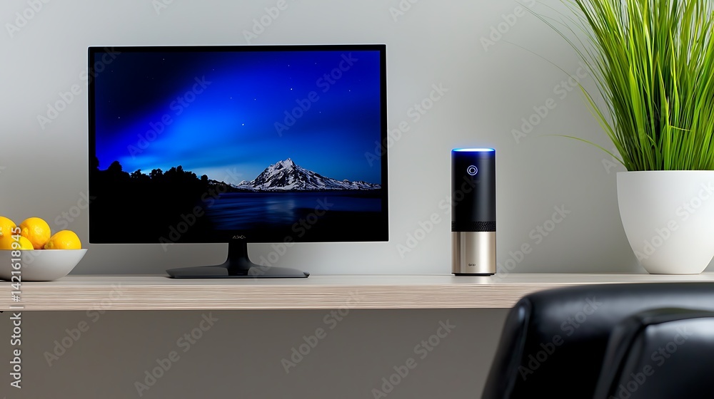 Fototapeta premium Modern workspace featuring a sleek monitor and smart speaker against a minimalist backdrop