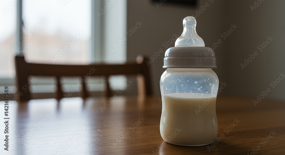 Baby Bottle with Milk Sitting on a Wooden Table Indoors
