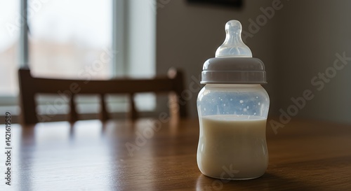 Obraz na płótnie Baby Bottle with Milk Sitting on a Wooden Table Indoors w salonie